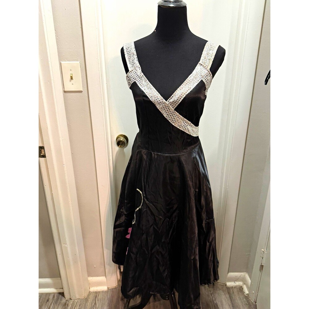 Franco Black Satin Fit & Flare Poodle Sequin Strap V-Neck Dress M